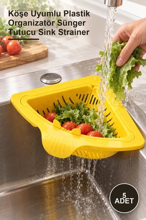 5 Adet Mutfak Ve Banyo Üçgen Lavabo Süzgeci – Köşe Uyumlu Plastik Organizatör Sünger Tutucu Sink Strainer