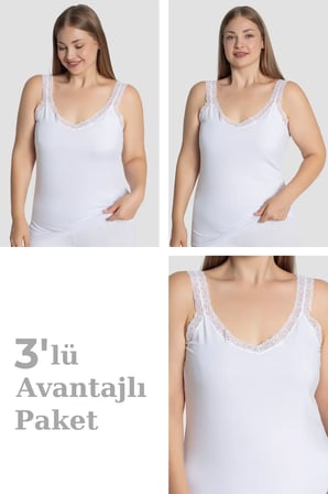 Kadın Büyük Beden Pamuklu Dantelli Atlet Beyaz 3'lü Paket Rahat İç Giyim Ev Giyimi Günlük Çamaşır