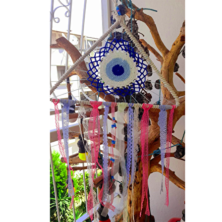 Üçgen Özel Tasarım Düş Kapanı, Rüya Kapanı, Duvar Süsü, Hediyelik Nazar Boncuklu Balkon Süsü, Dreamcatcher