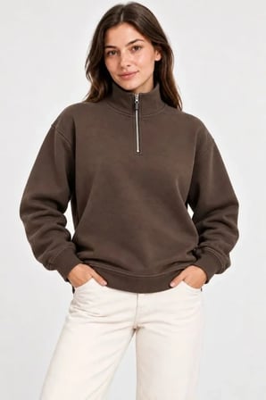 Üç İplik İçi Şardonlu Dik Yaka Yarım Fermuarlı Kışlık Sweatshirt - Kahverengi
