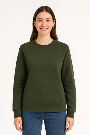 Üç İplik Düz Bisiklet Yaka SweatShirt - Haki