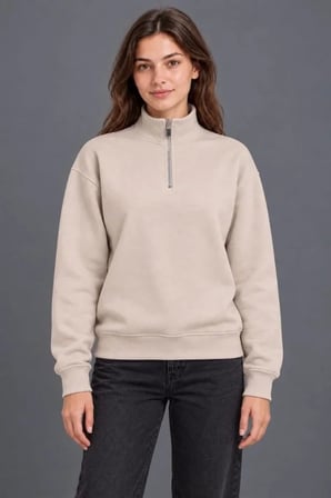 Üç İplik İçi Şardonlu Dik Yaka Yarım Fermuarlı Kışlık Sweatshirt - Bej
