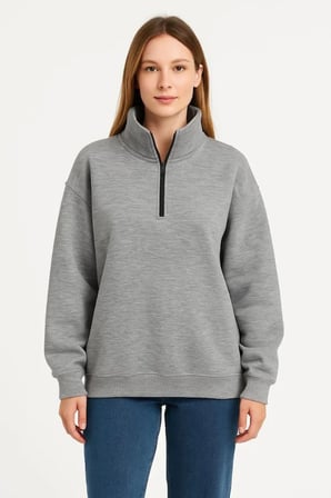 Üç İplik Dık Yaka Yarım Fermuarlı SweatShirt - Gri