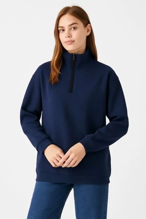 Üç İplik Dık Yaka Yarım Fermuarlı SweatShirt - Lacivert