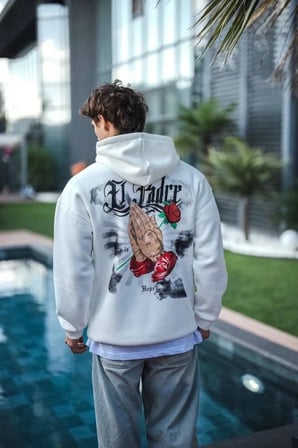 Üç İplik Penye Kapşonlu Baskılı SweatShirt - Beyaz