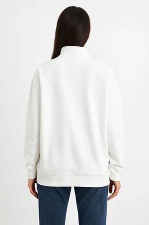 Üç İplik Dık Yaka Yarım Fermuarlı SweatShirt - Beyaz