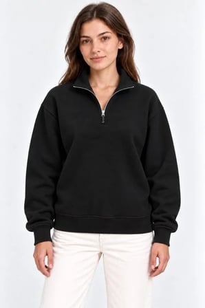 Üç İplik İçi Şardonlu Dik Yaka Yarım Fermuarlı Kışlık Sweatshirt - Siyah