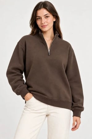 Üç İplik İçi Şardonlu Dik Yaka Yarım Fermuarlı Kışlık Sweatshirt - Kahverengi