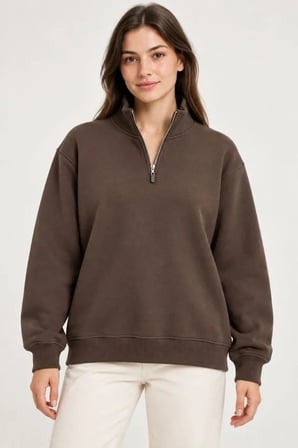 Üç İplik İçi Şardonlu Dik Yaka Yarım Fermuarlı Kışlık Sweatshirt - Kahverengi