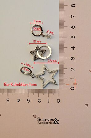 Büyük Yıldızlı 3'lü Küpe Seti Gümüş Renkli