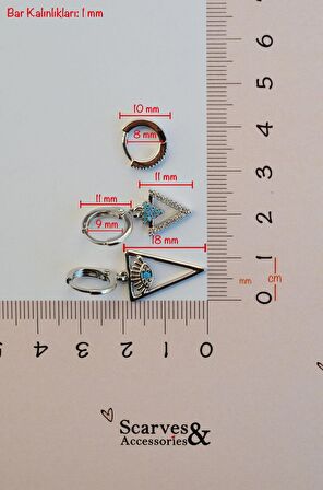 Göz Üçgen Figürlü Mavi Firuze Taşlı 3'lü Küpe Seti Gümüş Renkli