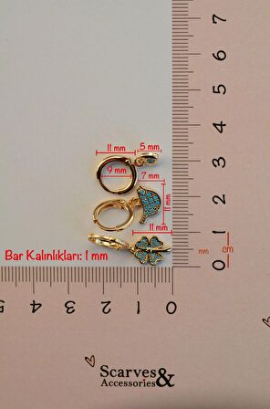 Mavi Firuze Taşlı Minik Kuş ve Yonca Figürlü 3'lü Küpe Seti