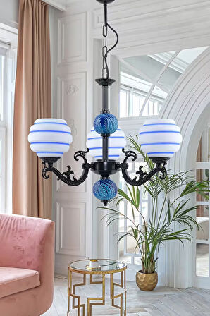 Üç Kollu Zamak Avize Siyah Mavi Çizgili Beyaz Camlı Mavi Çinili