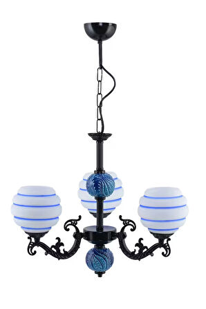 Üç Kollu Zamak Avize Siyah Mavi Çizgili Beyaz Camlı Mavi Çinili