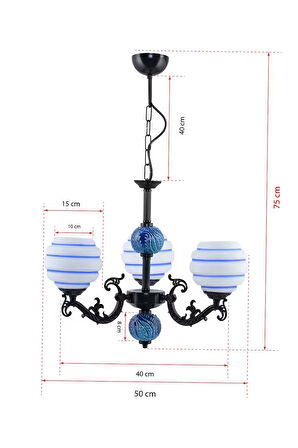 Üç Kollu Zamak Avize Siyah Mavi Çizgili Beyaz Camlı Mavi Çinili