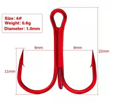 Kırmızı Üçlü İğne - 4 No -Jig, Rapala, Silikonlar ve Şamandıralar İçin - 6 Adet