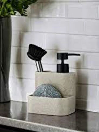 Polyresin Mermer Desenli Tezgah Üstü Sıvı Sabunluk – Fırçalı ve Süngerli Deterjanlık