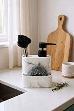 Polyresin Mermer Desenli Tezgah Üstü Sıvı Sabunluk – Fırçalı ve Süngerli Deterjanlık