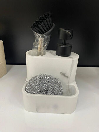 Polyresin Mermer Desenli Tezgah Üstü Sıvı Sabunluk – Fırçalı ve Süngerli Deterjanlık