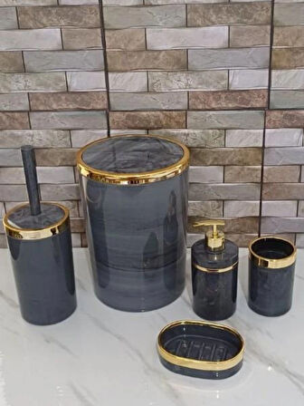Akrilik Yuvarlak Banyo Seti 5'li – Antrasit Gri Mermer Desen, Gümüş Kromaj