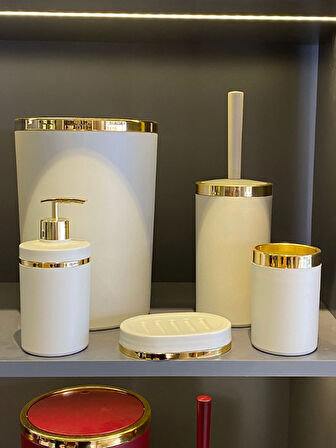 Akrilik Yuvarlak Banyo Seti 5'li – Beyaz Gold & Gümüş Kromaj | Lüks, Şık ve Dayanıklı Tasarım