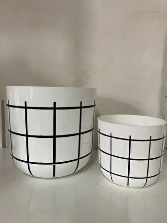 Dekoratif Saksı – Siyah & Beyaz Karo Desen No 3