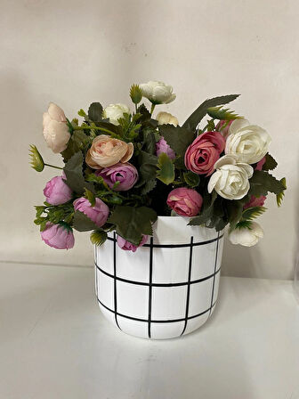 Dekoratif Saksı – Siyah & Beyaz Karo Desen No 1