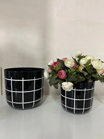 Dekoratif Saksı – Siyah & Beyaz Karo Desen No 1