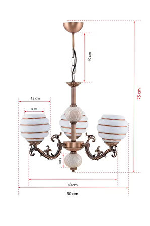 Üç Kollu Zamak Avize Bakır Krem Çinili Kahverengi Çizgili Beyaz Camlı
