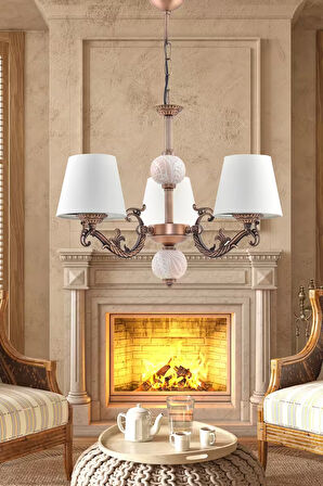 Üç Kollu Zamak Avize Bakır Krem Çinili Krem Şapkalı