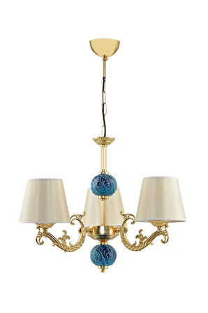 Üç Kollu Zamak Avize Gold Mavi Çinili Gold Şapkalı