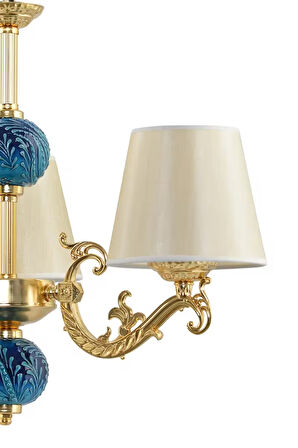 Üç Kollu Zamak Avize Gold Mavi Çinili Gold Şapkalı