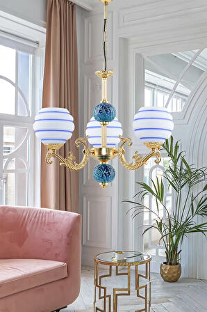 Üç Kollu Zamak Avize Gold Mavi Çinili Mavi Çizgili Beyaz Cam