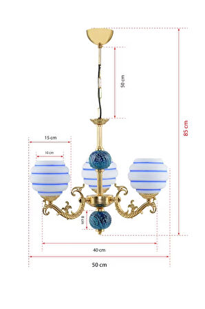Üç Kollu Zamak Avize Gold Mavi Çinili Mavi Çizgili Beyaz Cam