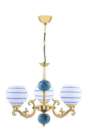 Üç Kollu Zamak Avize Gold Mavi Çinili Mavi Çizgili Beyaz Cam