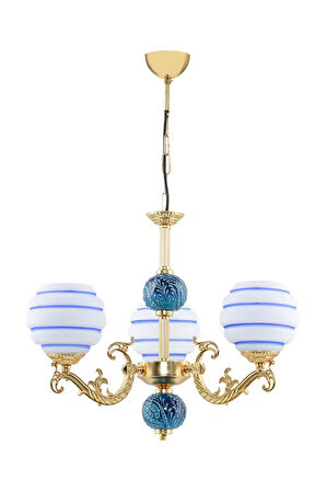 Üç Kollu Zamak Avize Gold Mavi Çinili Mavi Çizgili Beyaz Cam