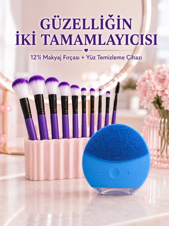12’li Mor Makyaj Fırça Seti ve Silikon Yüz Temizleme Cihazı İkili Makyaj