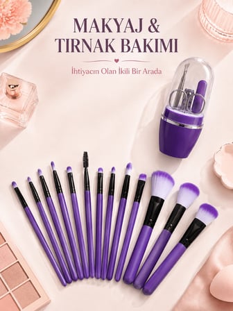 Makyaj ve Tırnak Bakım Seti 12’li Mor Makyaj Fırçaları Manikür Pedikür Seti