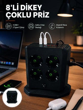 8'li Dikey Çoklu Priz 4 USB 2 Type-C Girişli Akım Korumalı Uzatma Prizi -