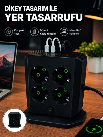 Dikey Priz Kulesi 8 AC Priz 4 USB 2 Type-C Çocuk Korumalı Güç Dağıtıcı -