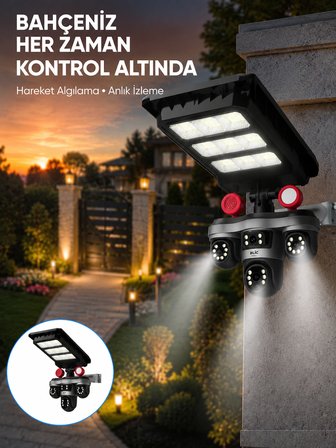 Güneş Enerjili 3 Lens Akıllı Güvenlik Kamerası LED Projektörlü Dış Mekan Koruma Sistemi -