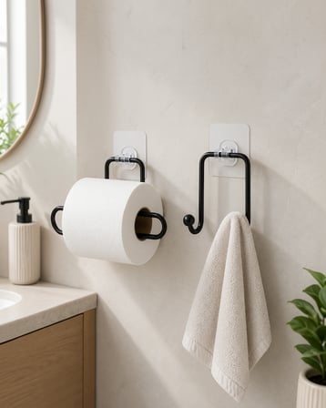 Yapışkanlı Banyo Seti 2'li Rulo Kağıt Tutucu ve Havlu Askılığı