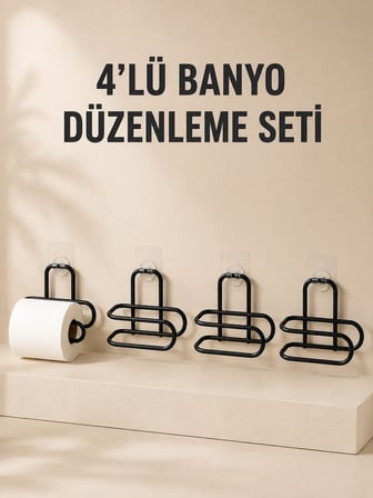 4 Adet Yapışkanlı Tuvalet Kağıdı Askısı Siyah Metal Delmeden Duvara Monte WC Kağıtlık