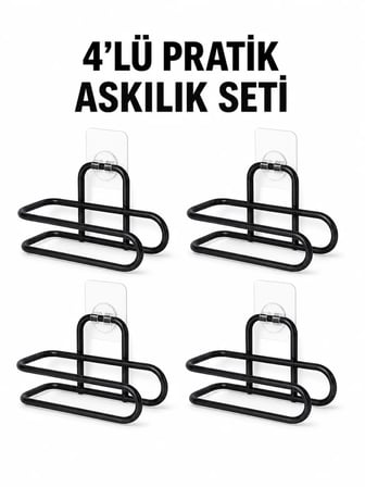 Siyah Metal WC Kağıtlık Yapışkanlı Duvar Tipi Tuvalet Kağıdı Tutucu Seti 4 Adet