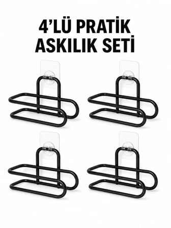 Siyah Metal WC Kağıtlık Yapışkanlı Duvar Tipi Tuvalet Kağıdı Tutucu Seti 4 Adet