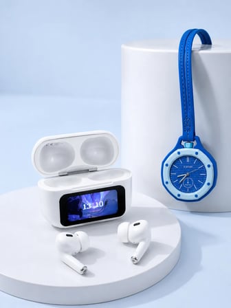 Dokunmatik Kablosuz Kulaklık + Mavi Askılı Analog Charm Saat İkili Set