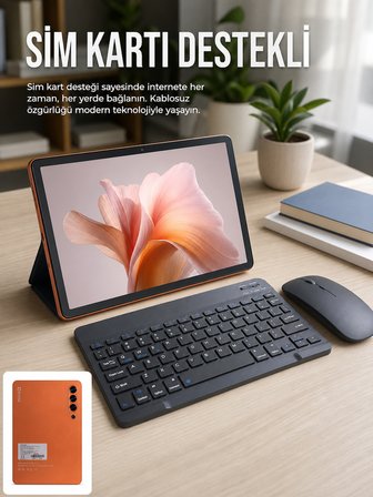 SIM Kart Destekli Android Tablet Bluetooth Klavye ve Kablosuz Mouse Seti Geniş Ekran Taşınabilir Tasarım -