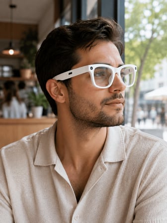 Lensli Beyaz Akıllı Kamera Gözlüğü Fotoğraf Video Çekimli Bluetooth Aramalı AI