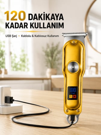 Şarjlı Profesyonel Saç Sakal Tıraş Makinesi T Bıçaklı Turbo Modlu LED Ekranlı 3
