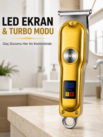 Erkek Saç Sakal Tıraş Makinesi LED Ekranlı Turbo Modlu T Bıçaklı Ense Favori